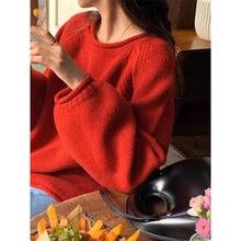 韩版卷边软糯粗针毛衣女早秋宽松慵懒风套头针织衫上衣加厚