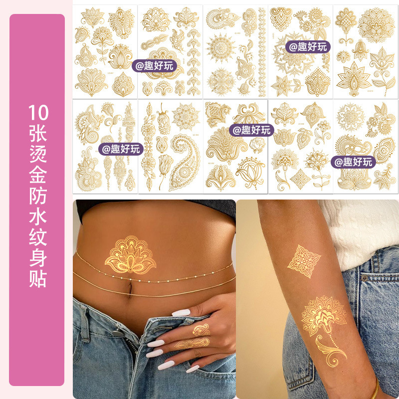 Cross-Border European and American New Hot Stamping Tattoo Stickers Hannah Lace Mandala Flower Waterproof Temporary Gold Sticker Tattoo