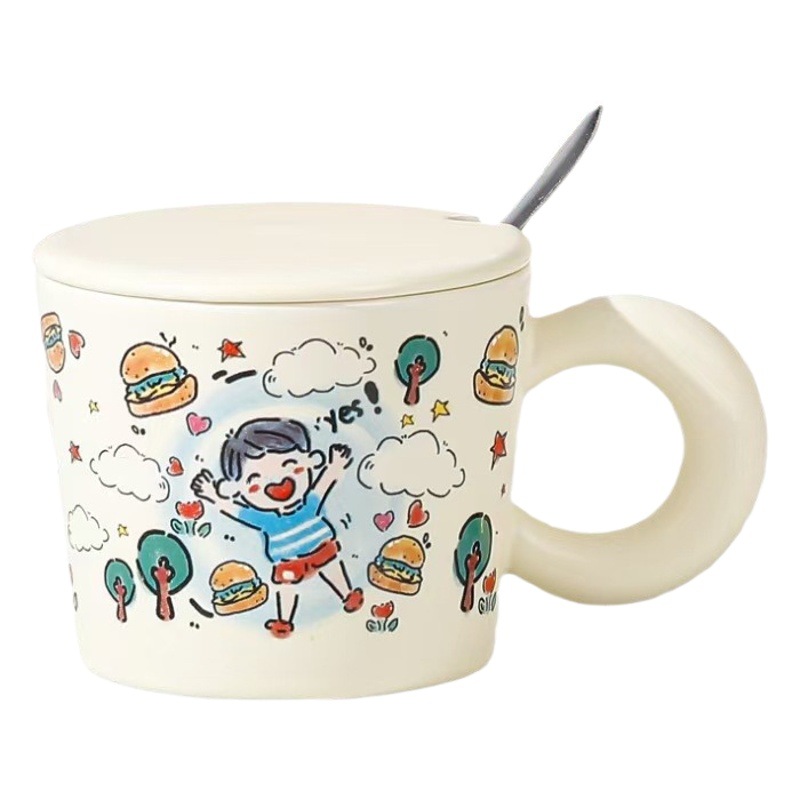 Taza de cerámica de personalidad creativa graffiti de dibujos animados regalo de mano taza de agua con cubierta de cuchara taza de café de cerámica de estudiantes