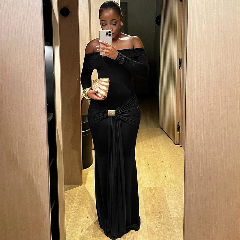 European And American Style Women's Fashion 2024 Autumn Winter New Fashionable Elegant Off-Shoulder Solid Color Long_ecoleips.com