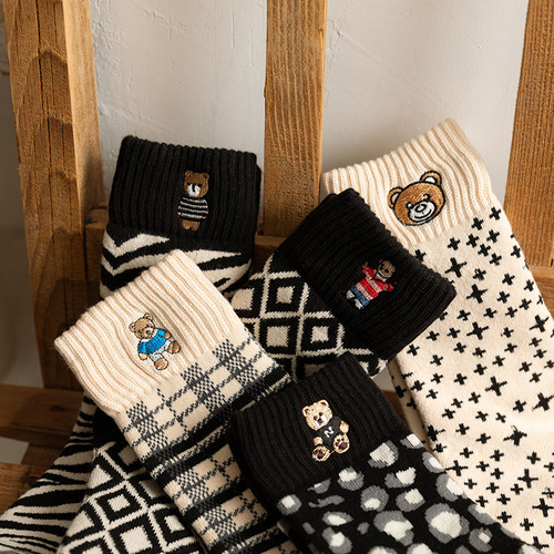 Black embroidered thickened terry thickened towel bottom warm cartoon mid-calf socks for women
