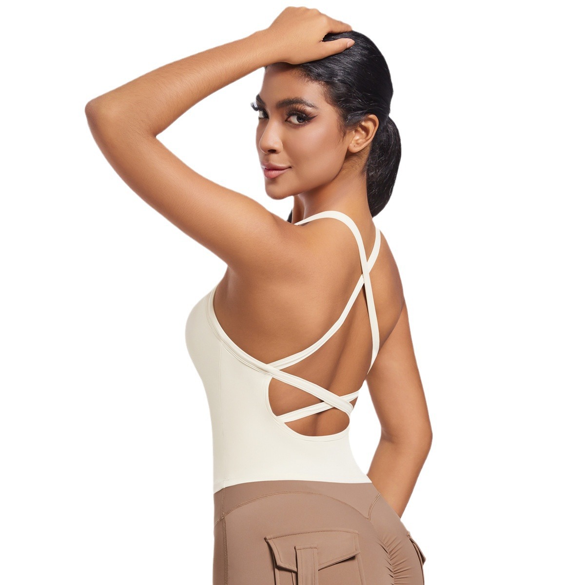 Nuevo transfronterizo de doble cara nylon de color sólido belleza de espalda cruzada ropa interior deportiva para correr fitness yoga chaleco chaqueta mujer