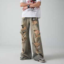嘻哈破洞乞丐牛仔裤男潮牌美式vibe废土风长裤子夏季夏季薄款