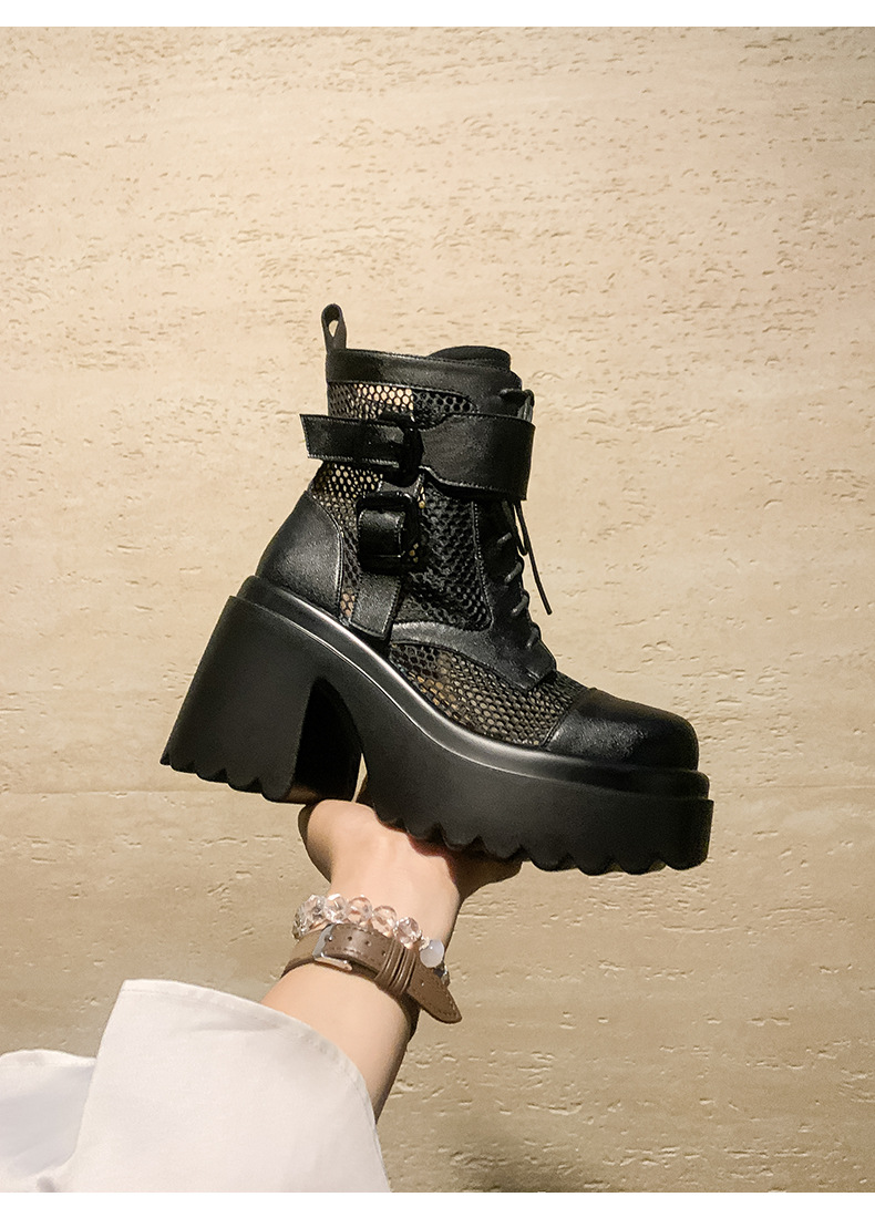 Boot nữ cao gót lưới xuyên thấu phong cách biker, gót thô 9 cm, thoáng khí — màu đen, màu trắng chi tiết 21