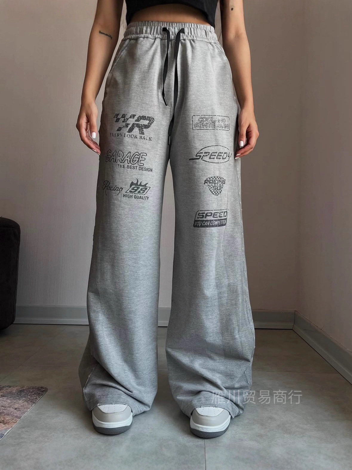 Europa y Estados Unidos transfronterizos retro estampados casuales pantalones deportivos tendencia de moda de cintura alta suelta pantalones grises rectos