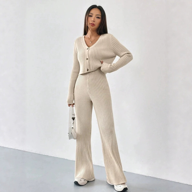 Amazon Cross-Border Foreign Trade Women's Ribbed Knit Two-Piece Loungewear Set V-Neck Cardigan + Flared Pants Amazon Cross-Border Foreign Trade Women's Ribbed Knit Two-Piece Loungewear Set V-Neck Cardigan + Flared Pants