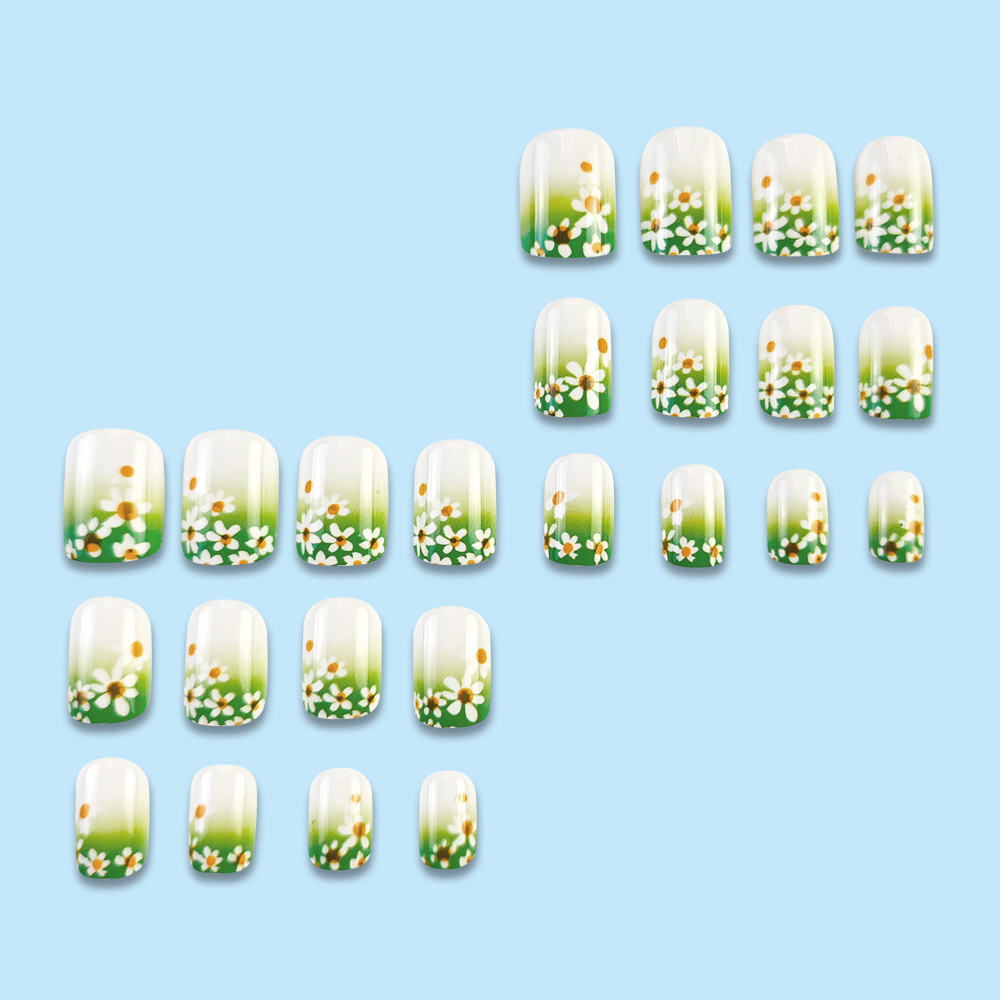 Unas falsas de color blanco verde-blanco gradiente pintadas a mano, patrón de margarita, 24 piezas de parche de uñas cuadradas cortas image 5