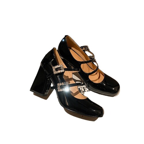 Sheepskin version~Square head genuine leather water drill one-piece shallow mouth single shoe for women with thick sole French retro Mary Jane shoes for women
