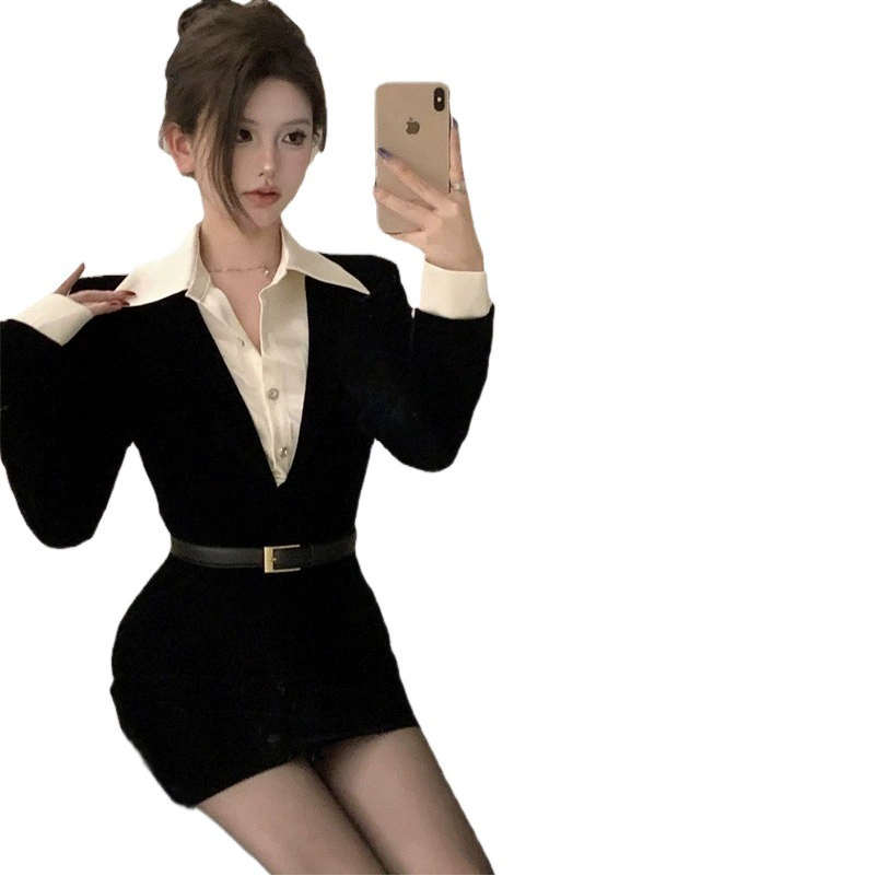 Поддельные из двух частей в Королевском Стиле сестры, черная облегающая Талия, стройнящая осень и зима, новая короткая юбка в стиле чистого желания, платье в стиле хип для девочек, женское