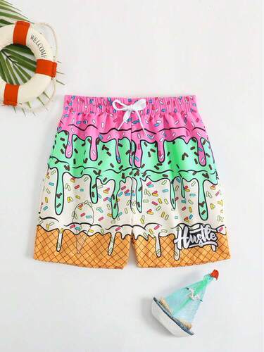 Boy's Tropical Fashion Shorts, Leisure Beach Vacation Cartoon Print Shorts, Suitable for Outdoors