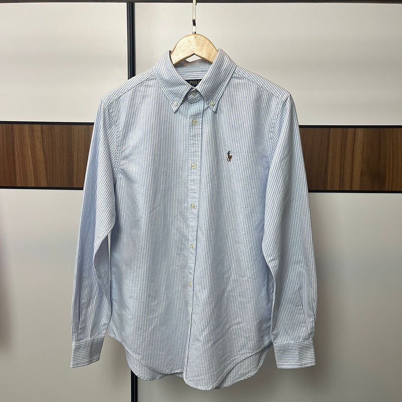 Original Foreign Trade Rl Striped Long-Sleeve Shirt with Colorful Pony Embroidery, Unisex Oxford Fabric Top, New Model 25