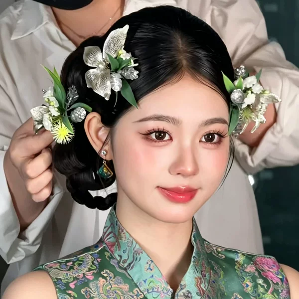 New Chinese-Style Fairy-Like Bride's Filigree Flower Hair Accessory, Elegant and Fresh, Age-Reducing Handmade Headpiece for Qipao Photoshoot and Wedding Decoration