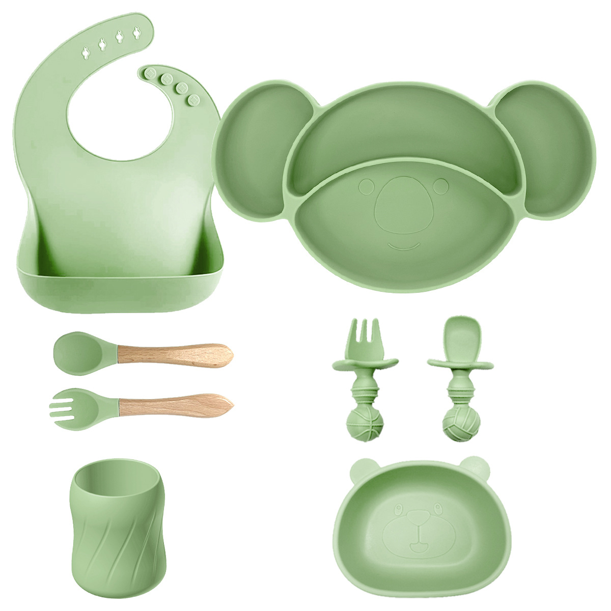 Nuevos productos transfronterizos para niños suplementarios de silicona platos de comedor cuchara de tenedor baudero ocho piezas conjuntos a prueba de caídas mangar suministros para madre y bebé