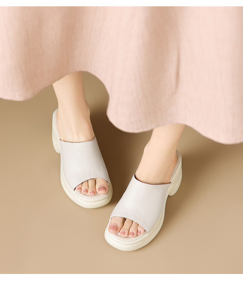 Sandal cao gót nữ đế dày 8,5 cm quai ngang da bò — Da bò trắng gạo chi tiết 12