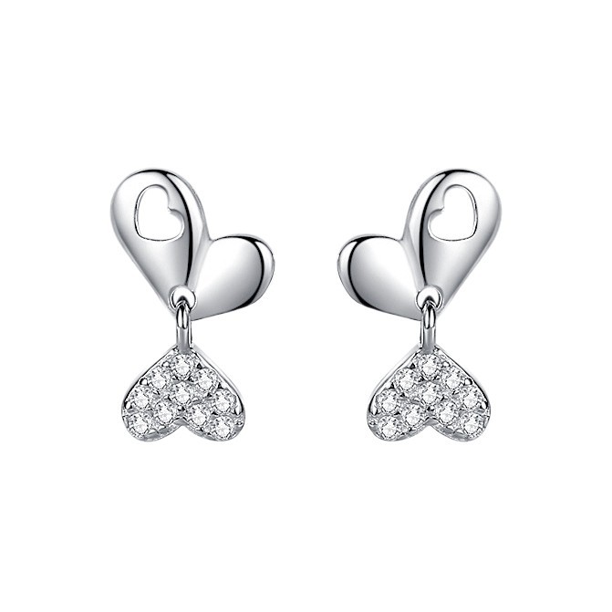 Pendientes creativos del perno prisionero del amor de las mujeres de la plata esterlina S925 estilo coreano diseño en forma de corazón doble Pendientes largos incrustados en diamantes Estilo rojo neto simple