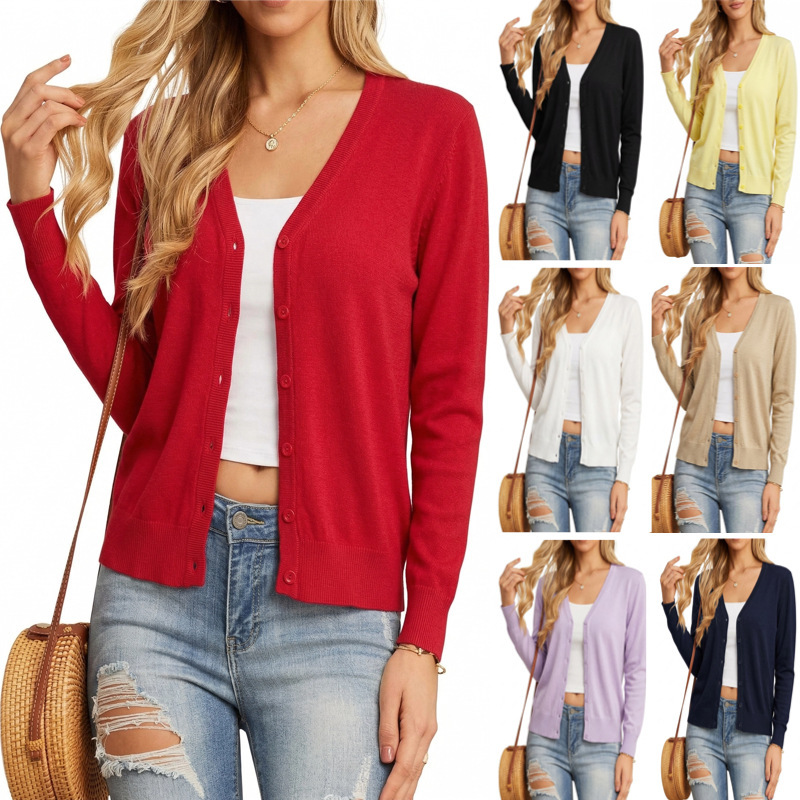 In-Stock Wholesale European and American Cross-Border Knit Cardigan for Women, Amazon Independent Site, Thin Long-Sleeve V-Neck Sweater Coat