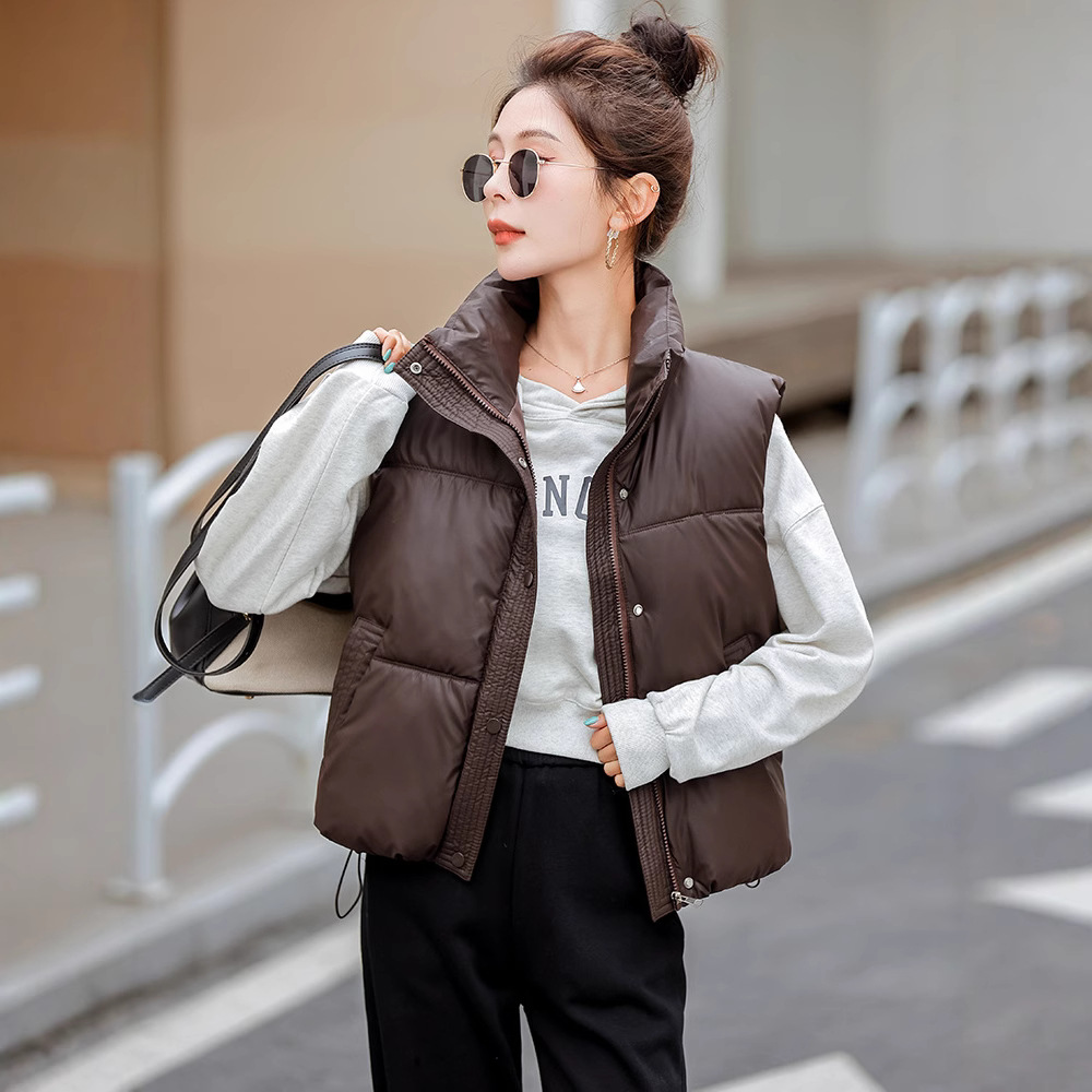 Chaleco de algodón de pluma para mujeres 2024 otoño y invierno nuevo estilo coreano de algodón suelto hombro collar de collar de algodón de color sólido chaleco