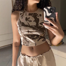 欧美跨境新款复古人物头像印花辣妹性感露背系带无袖衫背心女