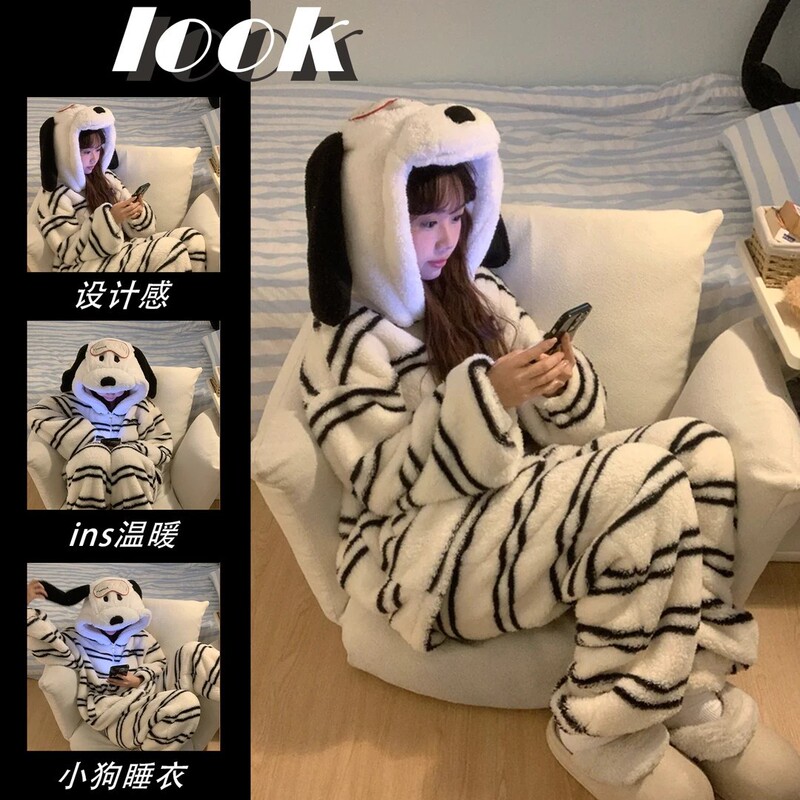 Cute Girl Cartoon Puppy Hooded Coral Fleece Pajamas suit Women's Winter New Thickened plus size Home Clothes for Winter