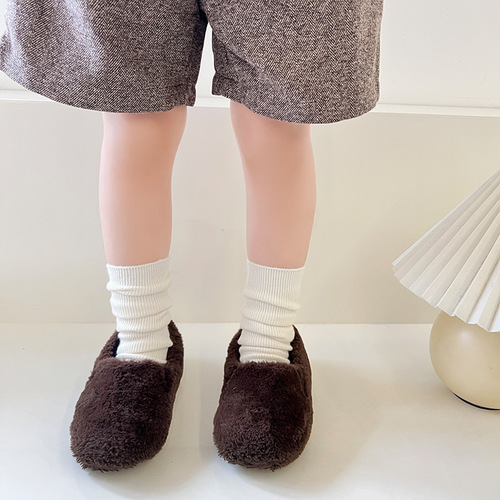 Children's socks solid color double-needle fine striped cashmere cream and coffee color bumpy socks straight leg without heel size big kid crew socks