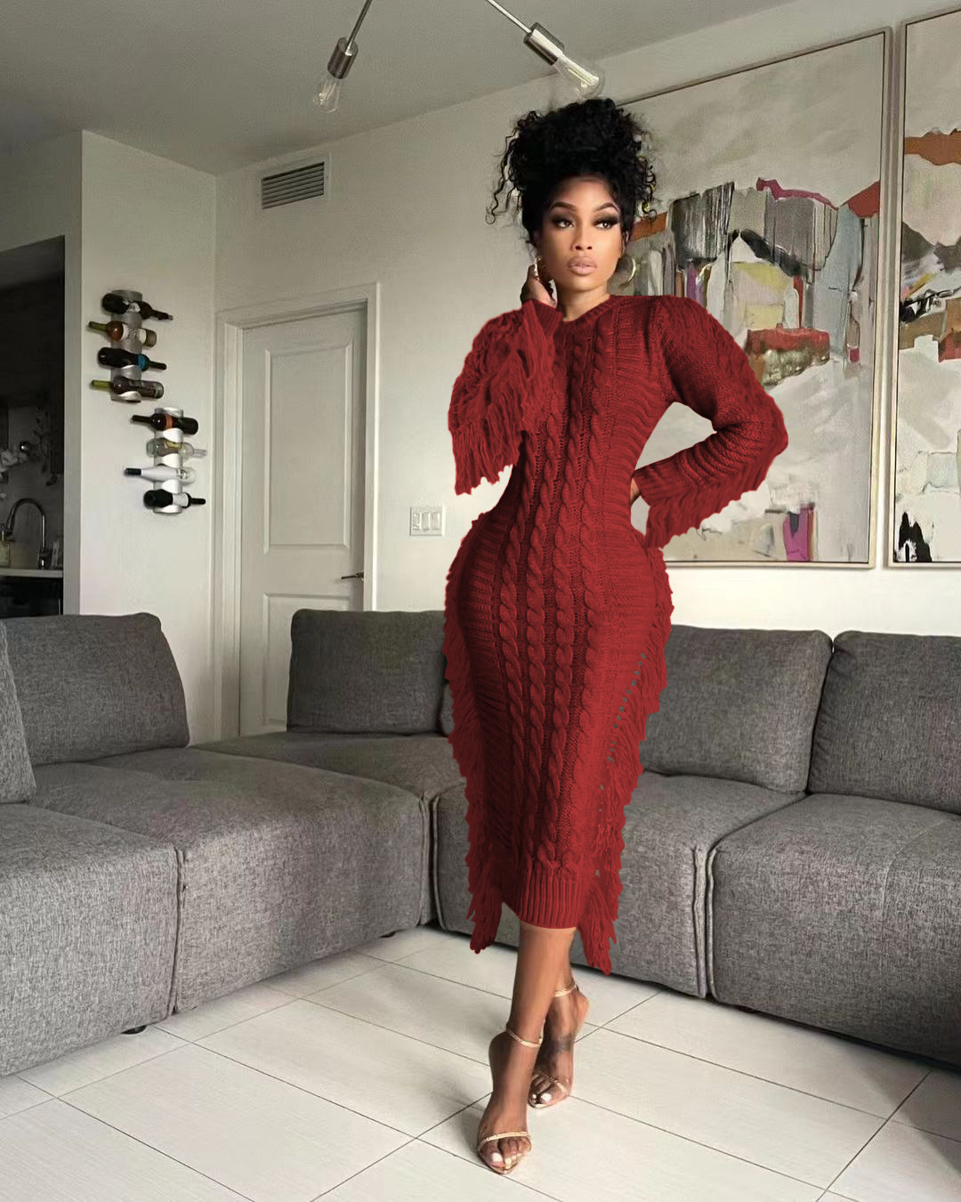 Robe pull femme avec franges longues en maille pour l'hiver_voghion.com