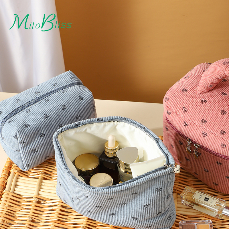 新しいコーデュロイ桃心化粧バッグ大容量高级感ポータブル化粧品収纳バケツバッグ