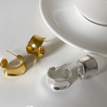 C型宽面耳圈 日系s925银针不规则高级感金属圈圈耳环 设计感耳饰