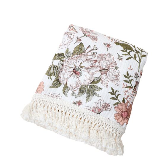 2024 Summer Printed Baby Stroller Cover Blanket Muslin Cotton Double Crepe Tassel Baby Bath Towel Blanket