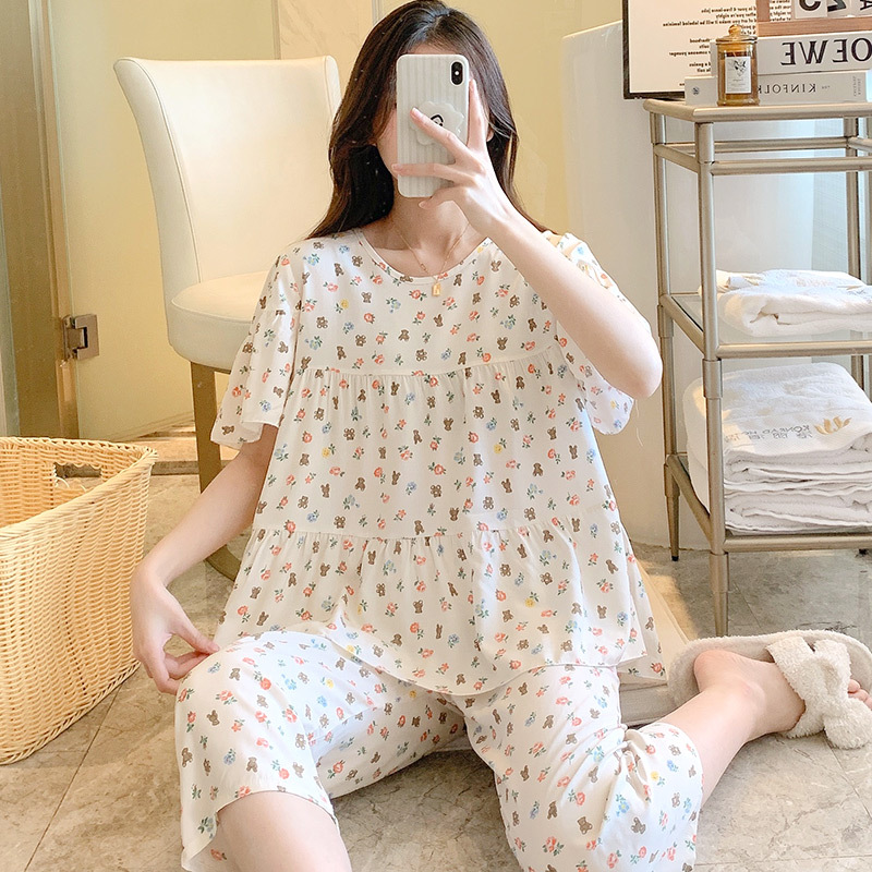 Pijamas de seda de algodón de manga corta de verano Estilo occidental de las mujeres aire acondicionado Delgado desgaste del hogar Chica japonesa dulce estudiante de algodón traje de seda