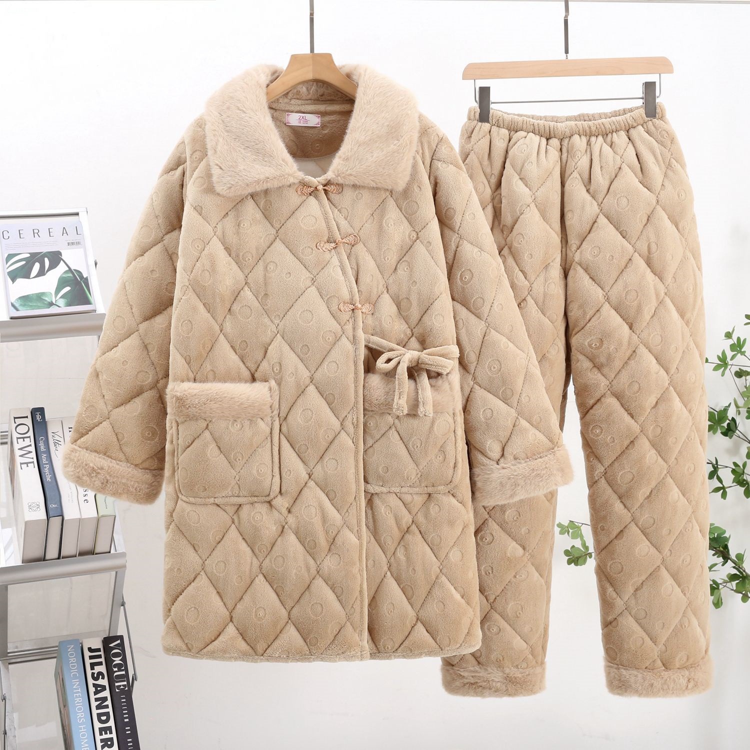 Winter Women's Mid-Length Pajamas Three-Layer Quilted Thickeneded Velvet Thermal Intimates Robe Flannel Home Wear Set