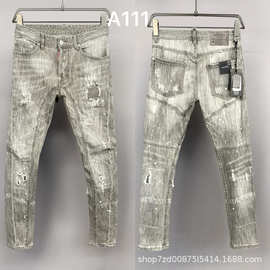 A111烟灰破洞油漆喷墨D2潮牌牛仔裤美式跨境男牛仔长裤欧洲站牛仔