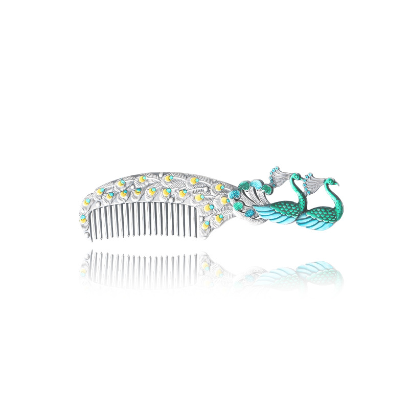 S999 plata esterlina peine del pelo de las mujeres hechas a mano del color del Pavo Real esmalte de plata pura peine cuidado de la salud raspado regalo para la Madre