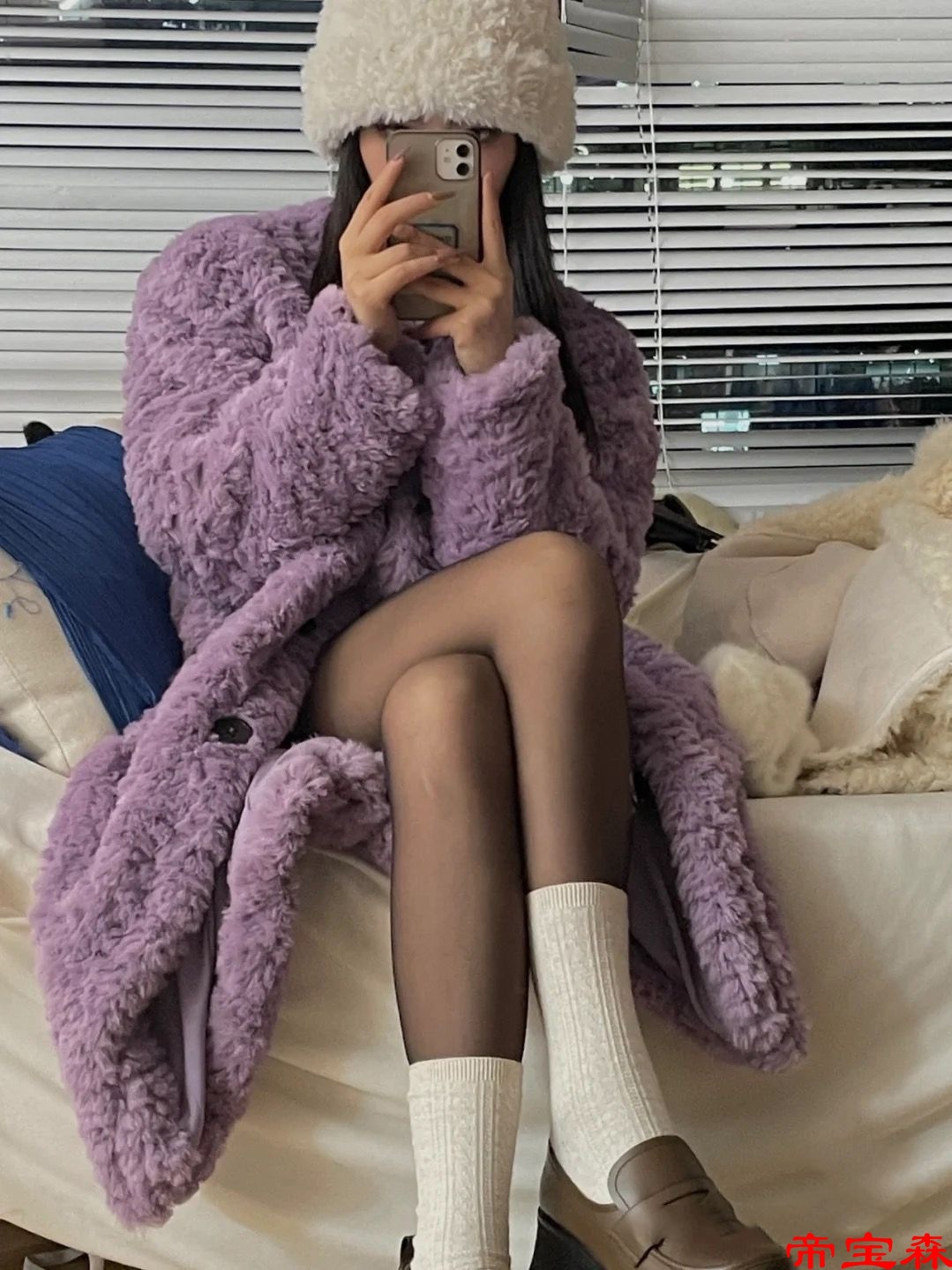 2022 new pattern Poi violet Rabbit hair leather and fur coat Mid length version College wind Sherpa Maomao overcoat