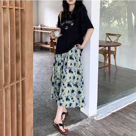复古印花半身裙夏季雪纺中长款字裙胖高腰显瘦绿色碎花长裙女