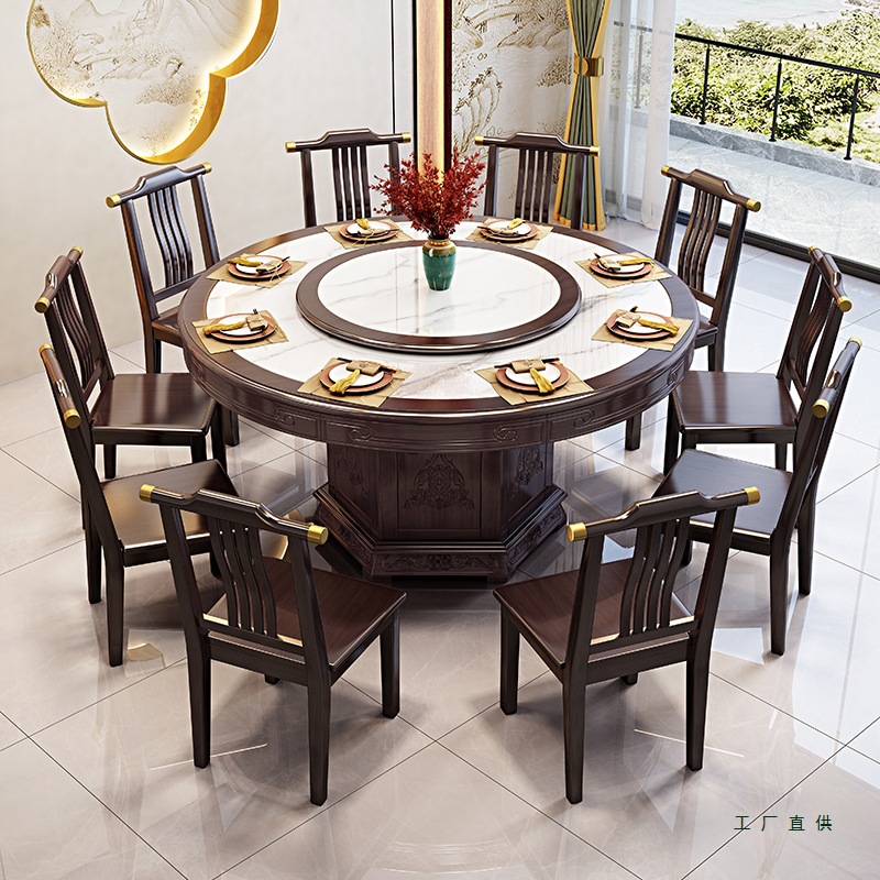 New Chinese Style Solid Wood Slate Dining Table and Chair Combination 2025 New Induction Cooker Hotel Large Round Table Home 10-Person Dining Table