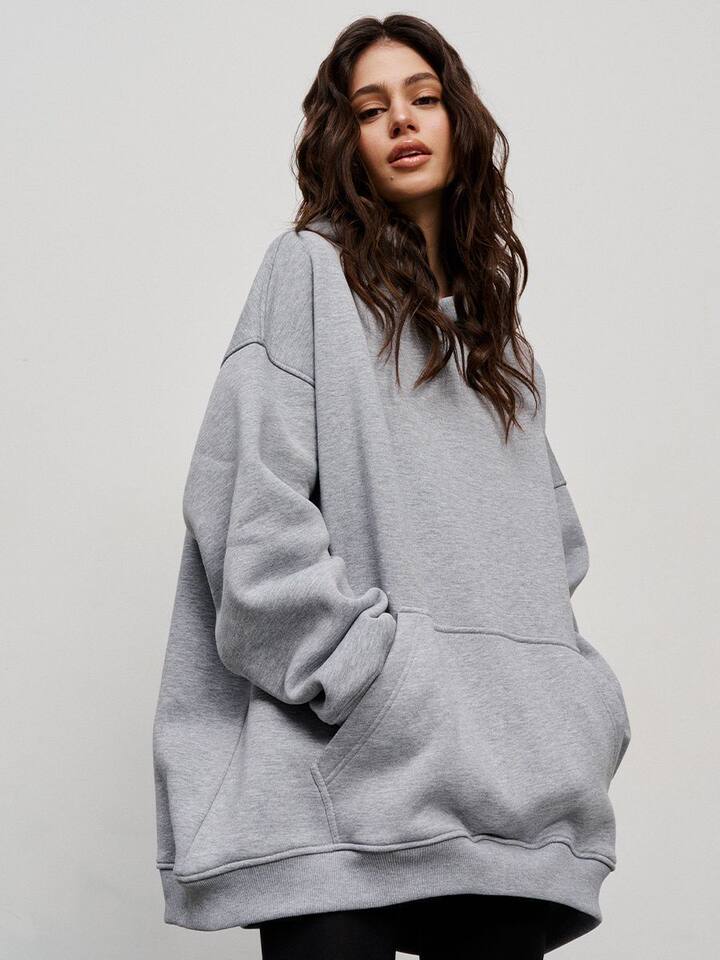 Áo hoodie nỉ lông dáng rộng có mũ và túi, tay dài, dáng unisex — Màu cà phê, Màu hồng, Màu xám, Màu đen chi tiết 34