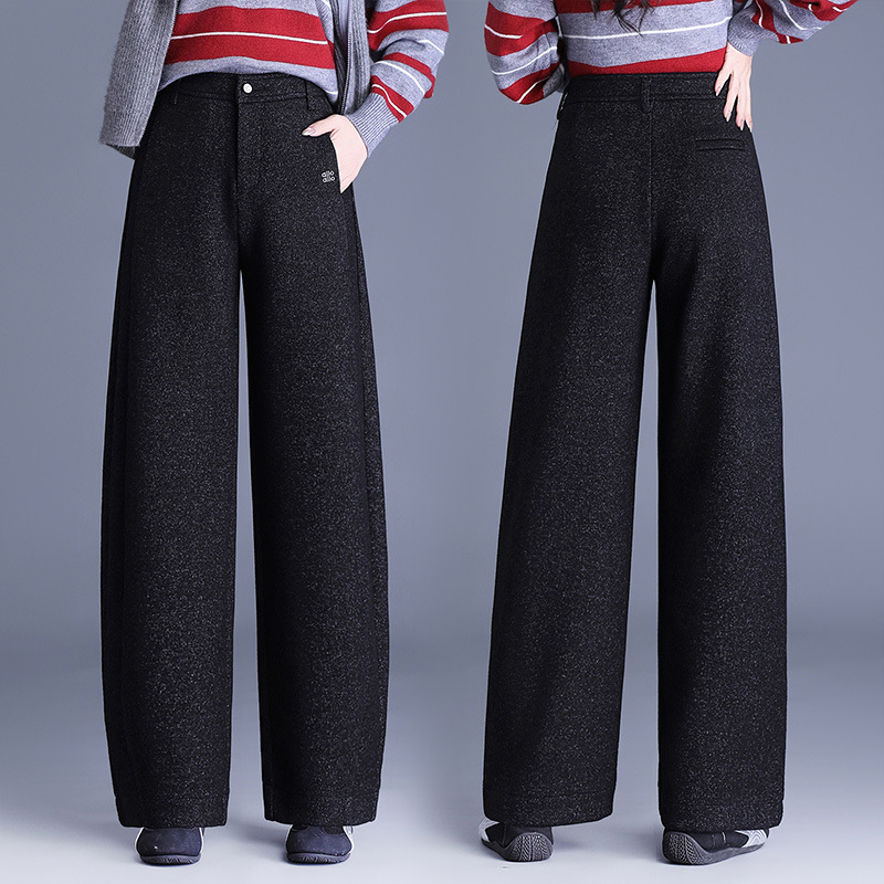 Wool Curved Hem Pants for Women 2025 Autumn/Winter New High Waist Slimming Casual Pants Thickened Warm Fashionable Loose Straight Pants