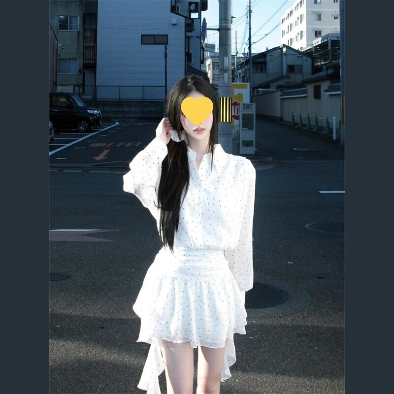 甘くて優しいスタイルのドット長袖シャツドレス夏の新しい気質ウエスト不規則なリボンスカート女性用|undefined