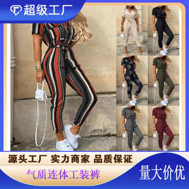 定制夏季亚马逊2025欧美女装长裤休闲翻领系扣印花腰带工装连体裤
