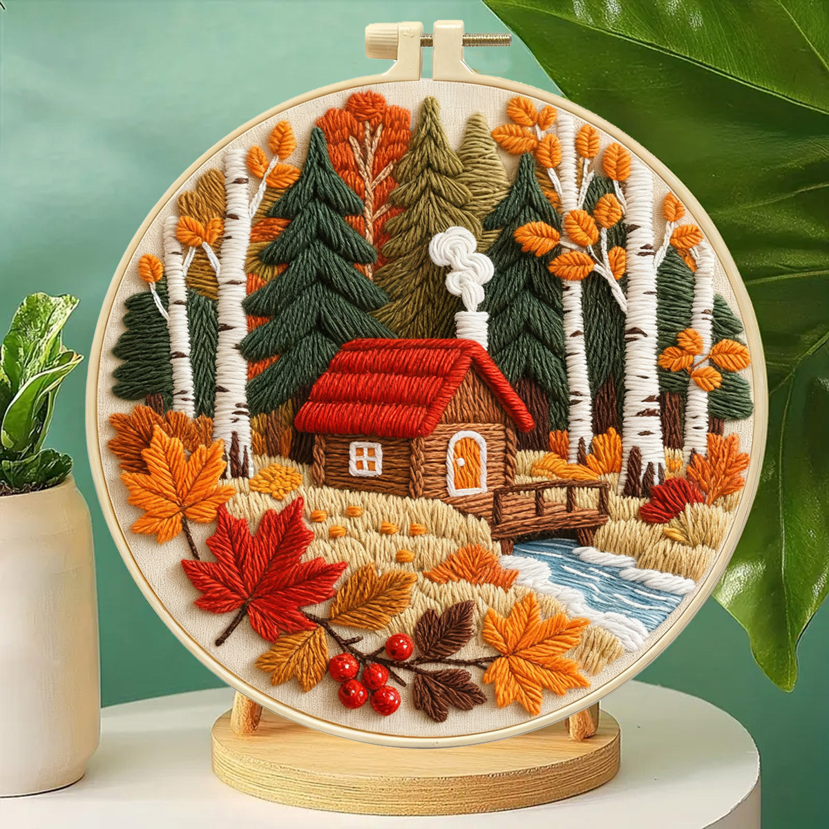 2025 nuevos productos transfronterizos paquetes de materiales de bordado diy秋林 cabina principiantes set de bordado decoración de paisaje de otoño