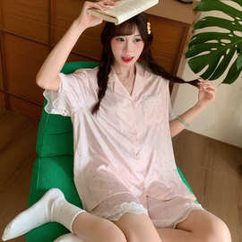 实拍夏季新款冰雪丝卡通宽松睡衣女韩系休闲甜美可爱家居服套装