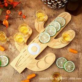 跨境新款烈酒托盘木质酒杯仙人掌木架沾糖托盘酒烈酒杯杯架托盘