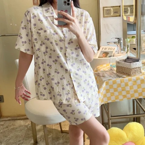 Burbujas arrugadas pantalones cortos de manga corta pijamas femeninos coreanos 2026 nuevo conjunto de dos piezas de dibujos animados adorables ropa doméstica de niña en vivo image 57