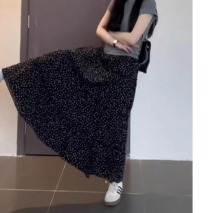 黑色波點半身裙女夏百搭蓬蓬蛋糕裙高腰顯瘦垂感休閑字中長裙子