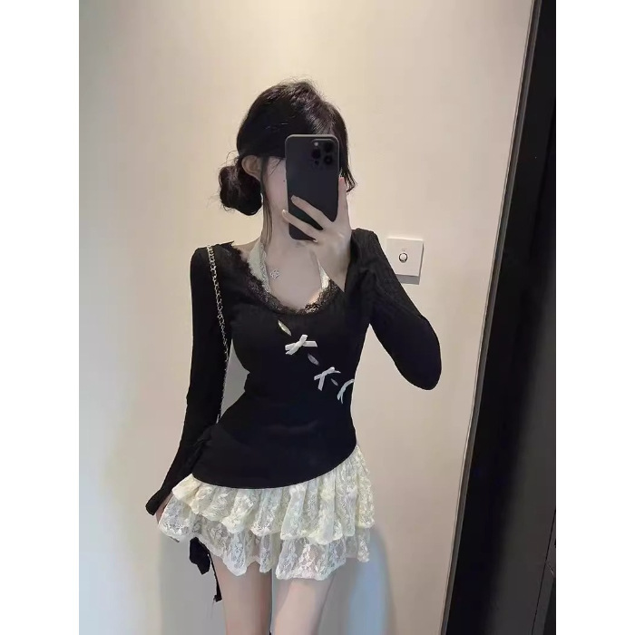 纯欲风套装裙女2025新款春秋穿搭一整套蕾丝边上衣设计感两件套|undefined