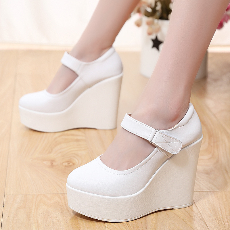 White High Slope Single Shoes Round Toe Cheongsam Shoes Low Mouth Catwalk Shoes Platform Platform Large Size 43 Women's Velcro Shoes