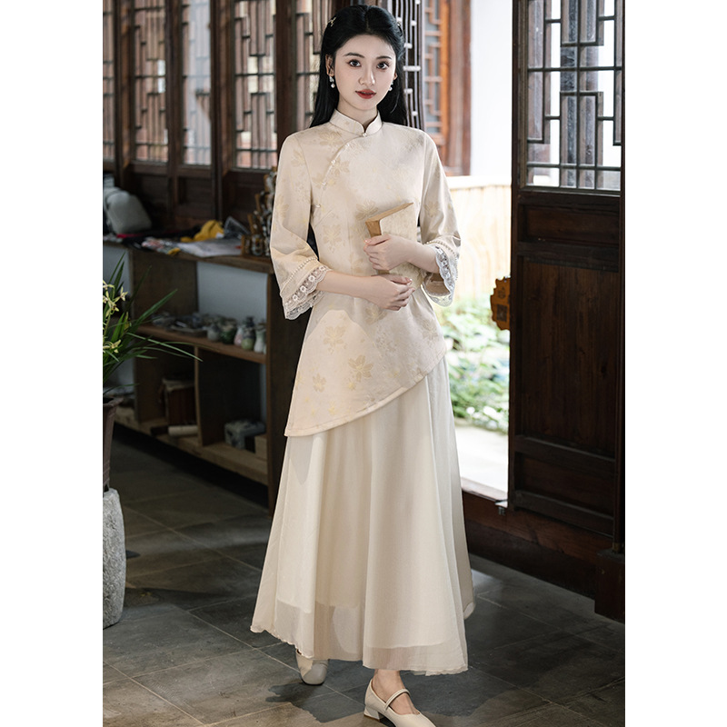 Red Eyes 2025 Spring and Autumn New Suede Ao Dai Cheongsam Dress Three-Quarter Sleeve Long Daily Improved Cheongsam Dress
