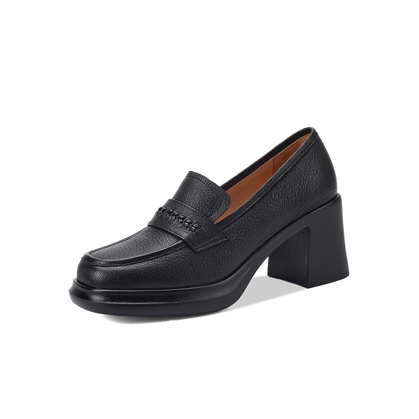 Giày loafer nữ da dê đế dày gót vuông 7,5 cm cổ sâu — màu nâu chi tiết 11