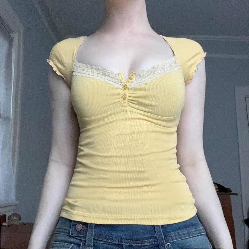 【260克人棉莫代尔】蕾丝拼接排扣T恤女修身短款上衣黄色美式