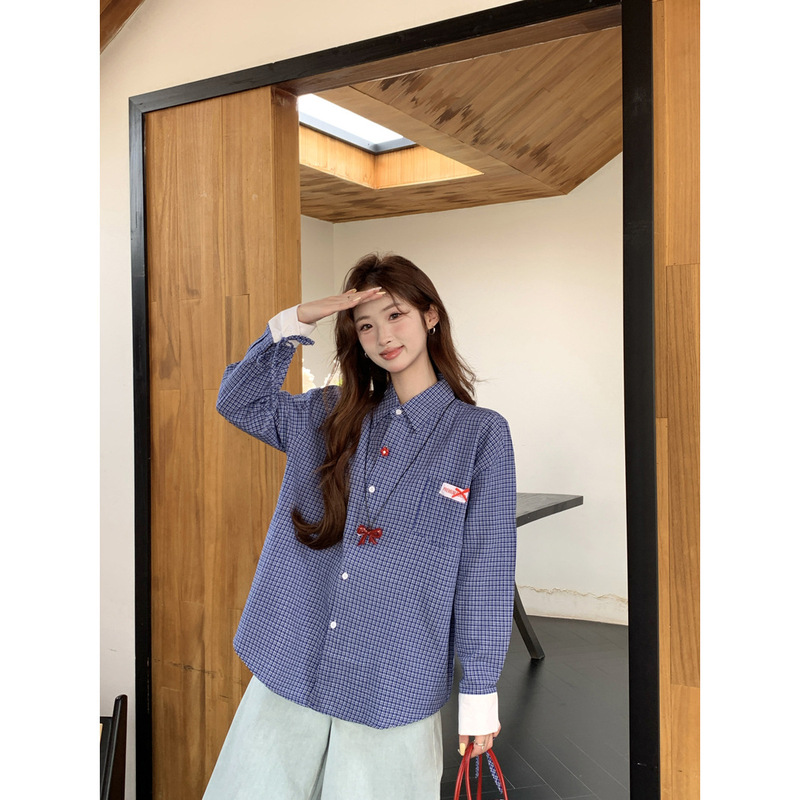 韓国系レトロ学院風青い格子シャツ女性2025春のゆるいデザインのユニークなストラップ長袖上着|undefined